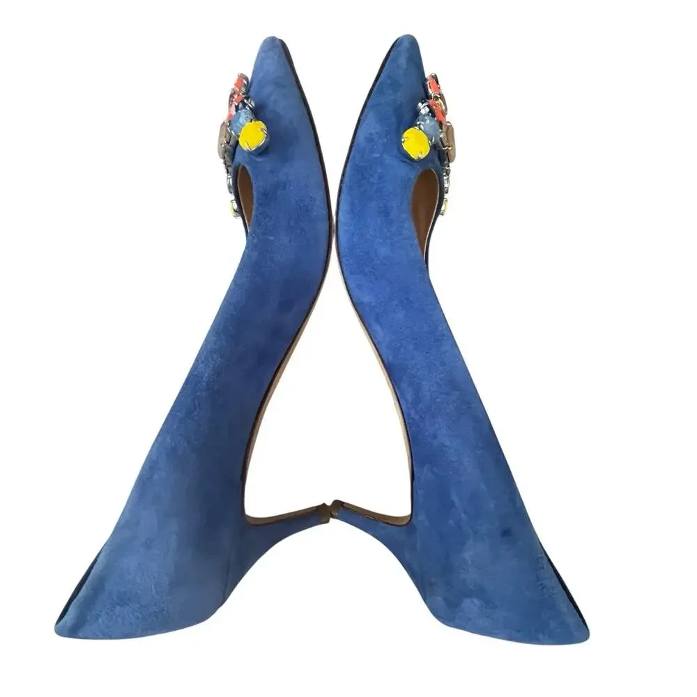 J Crew COLLECTION Dulci Suede Kitten Heels Women’s Size 7.5 Jeweled Blue Italy